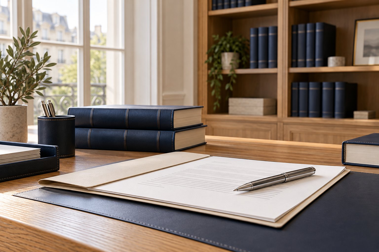 Documentos y libros jurídicos sobre una mesa de despacho